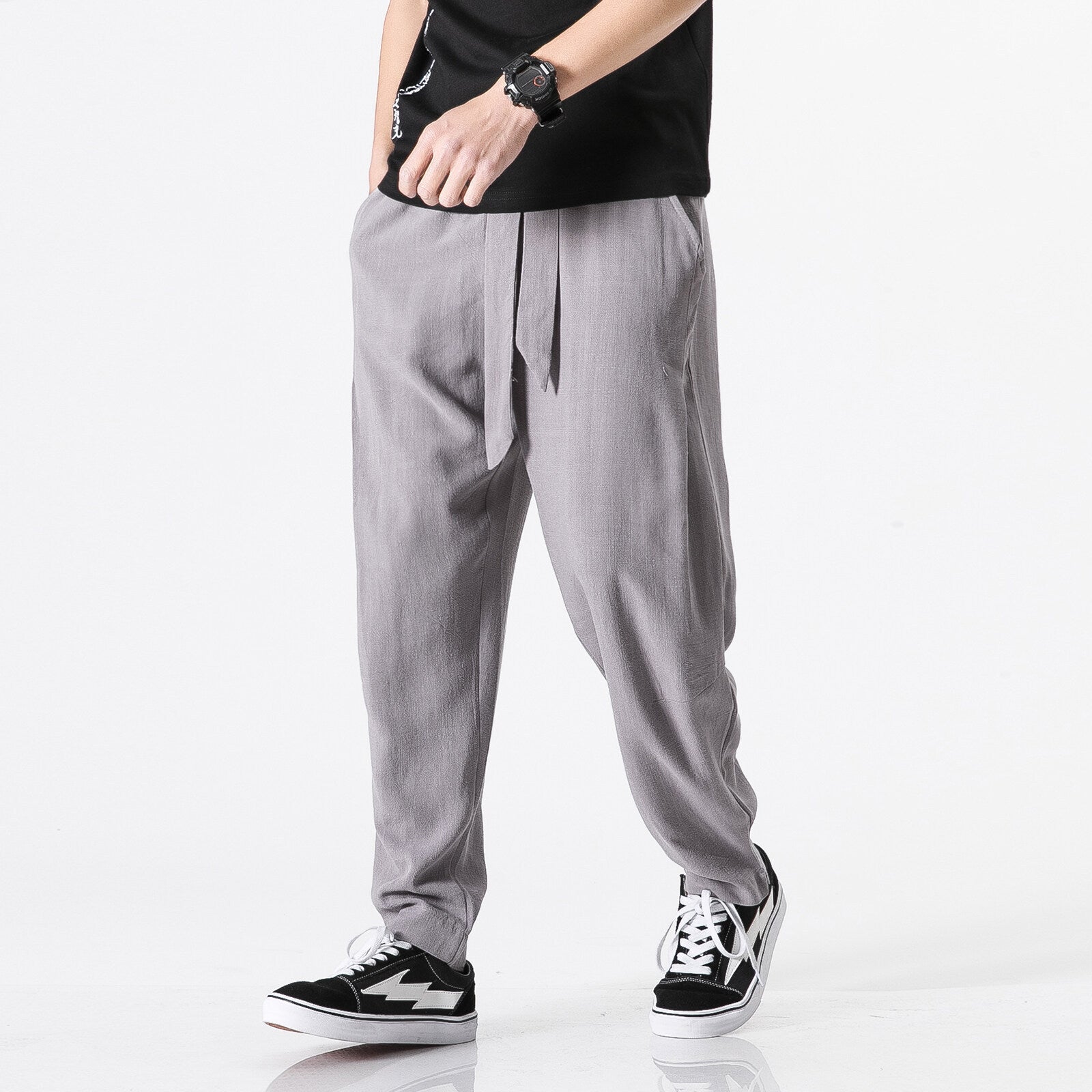 Herren nan entspannte Leinen-Baumwoll Harem-Joggerhose mit verdecktem Tunnelzug und tapered Bein R&B