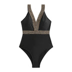 Damen Einteiler Badeanzug mit elegantem V-Ausschnitt und goldenen Details