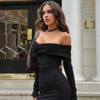 Damen figurbetontes Minikleid mit schulterfreiem Design und langen Ärmeln R&B