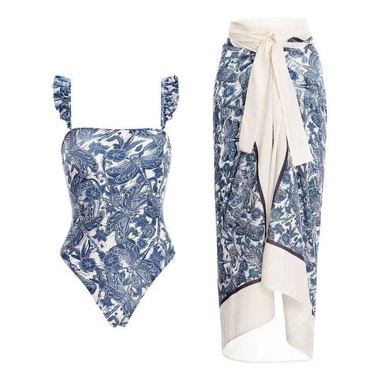 Damen Einteiler Badeanzug mit floralem Design und abnehmbarem Wickelrock R&B
