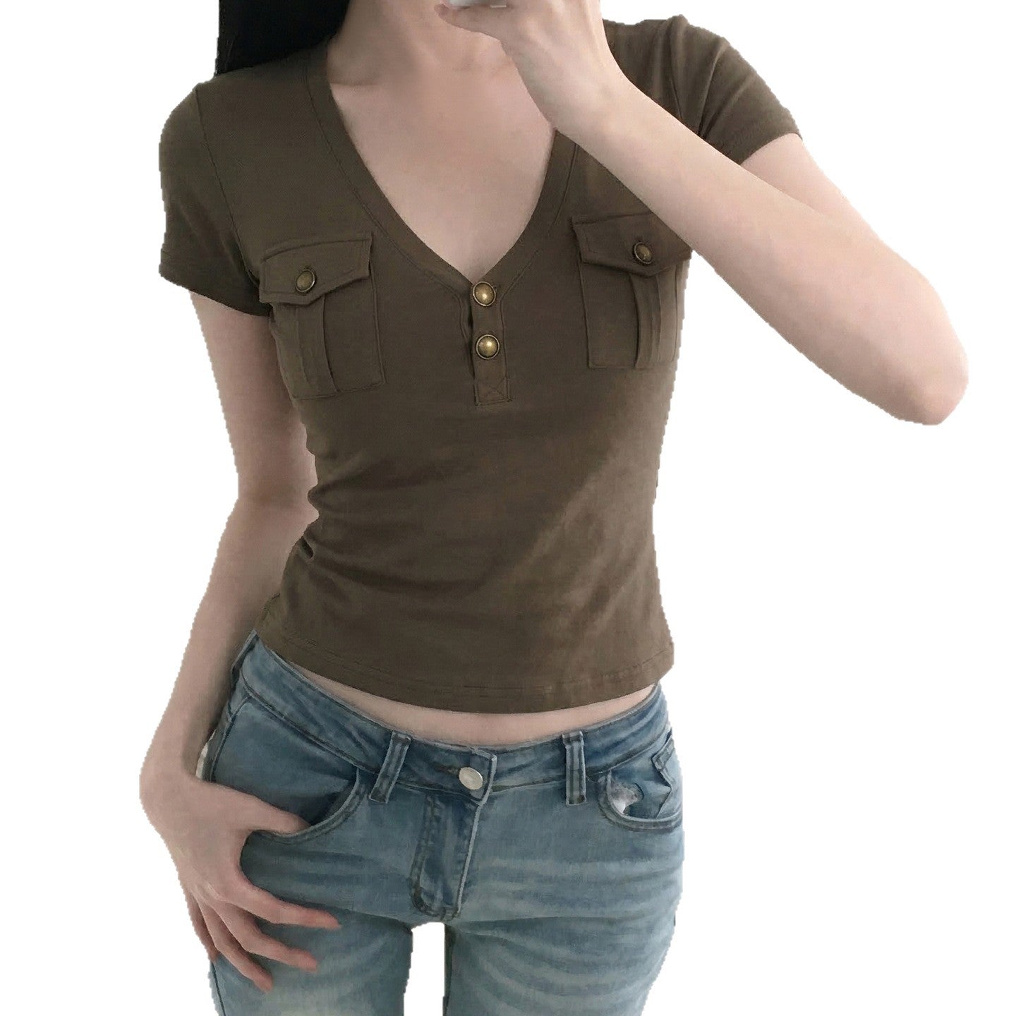 Damen Kurzarmshirt mit Knopfdetails und seitlichen Taschen R&B