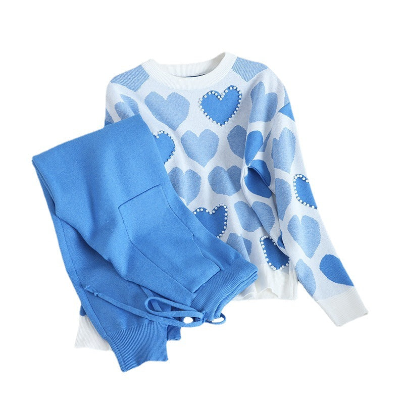 Damen kuscheliges Strick-Loungewear-Set mit Herzmuster R&B