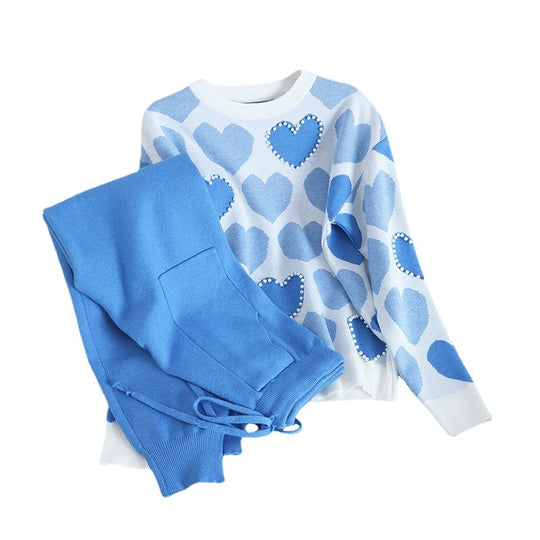 Damen kuscheliges Strick-Loungewear-Set mit Herzmuster R&B