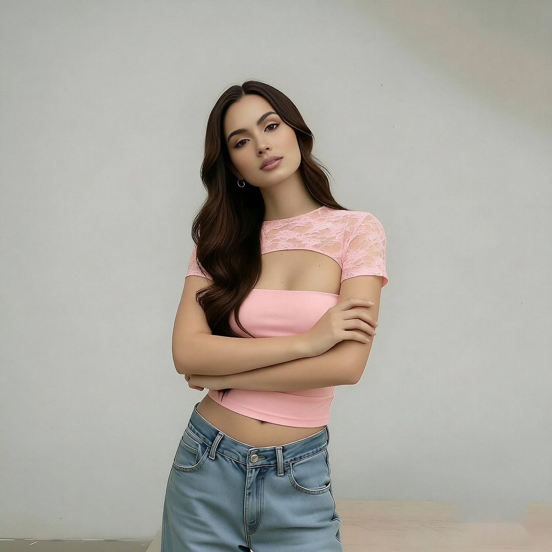 Damen Cropped Top mit Spitzenmuster und figurbetontem Schnitt R&B