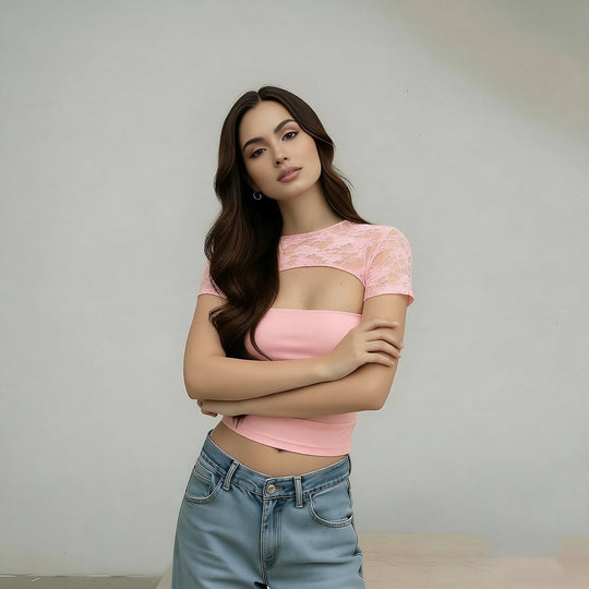 Damen Cropped Top mit Spitzenmuster und figurbetontem Schnitt R&B