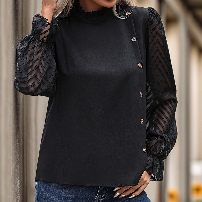 Damen Modisches Blusenshirt mit Rüschendetails und Knopfverzierung R&B