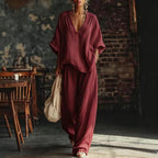 Damen nan lässiges zweiteiliges Leinenoptik-Set mit tiefem V-Ausschnitt, OversizR&Bluse und weitem Palazzo-Hosen R&B