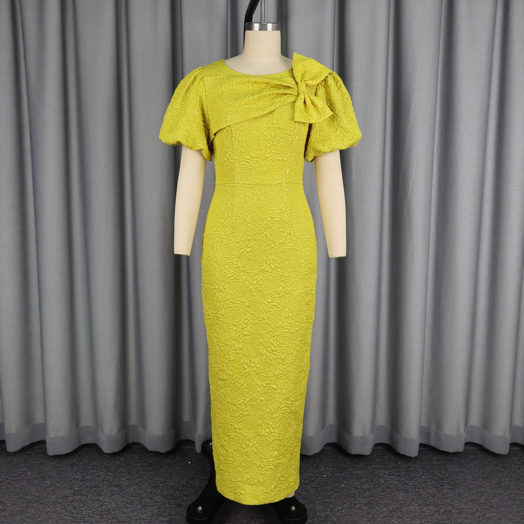 Damen figurumschmeichelndes Maxikleid mit Puffärmeln und Schleifen-Detail R&B