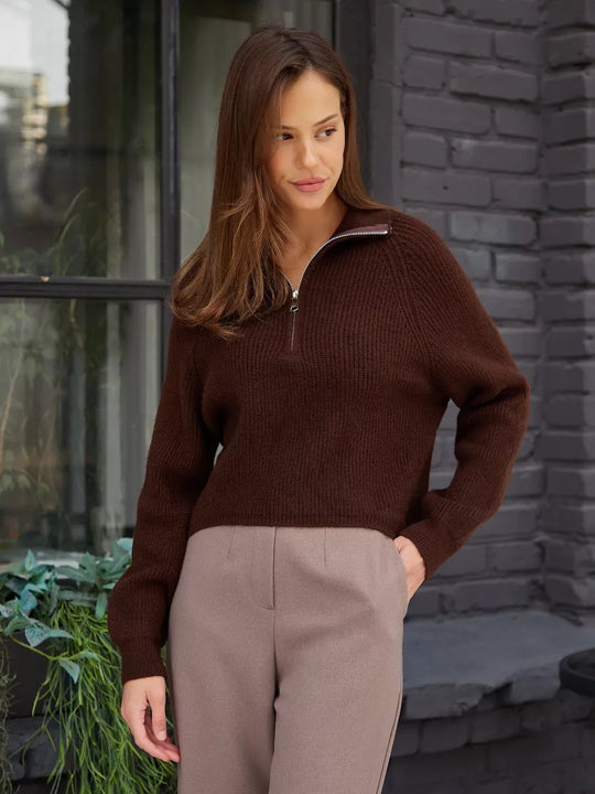 Damen Cozy Pullover mit Kragen und Reißverschluss R&B