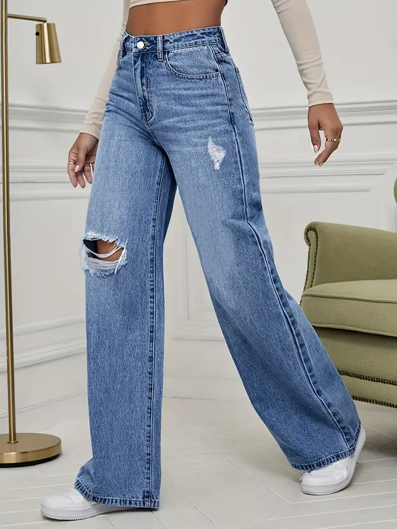 Damen Weite Jeans mit schicken Rissdetails und hohem Bund R&B