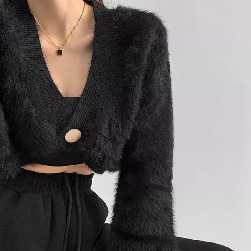 Damen cropped Strickjacke mit voluminösen Ärmeln und Knopfdetail R&B