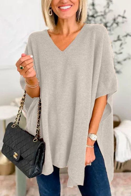 Damen V-Pullover aus feinem Strick mit weit geschnittenen Ärmeln und lässigem Stil R&B