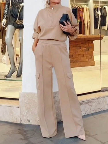 Damen Freizeit-Loungewear Set mit hohem Kragen und seitlichen Taschen R&B