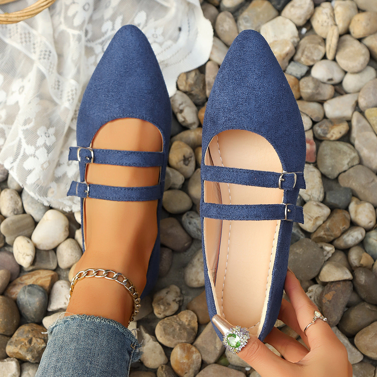 Damen spitze Ballerinas mit doppeltem Riemendesign R&B