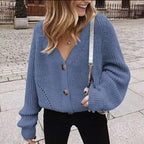 Damen lässiger Strickcardigan mit tiefem V-Ausschnitt und Knopfdetails R&B