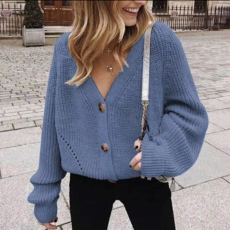 Damen lässiger Strickcardigan mit tiefem V-Ausschnitt und Knopfdetails R&B