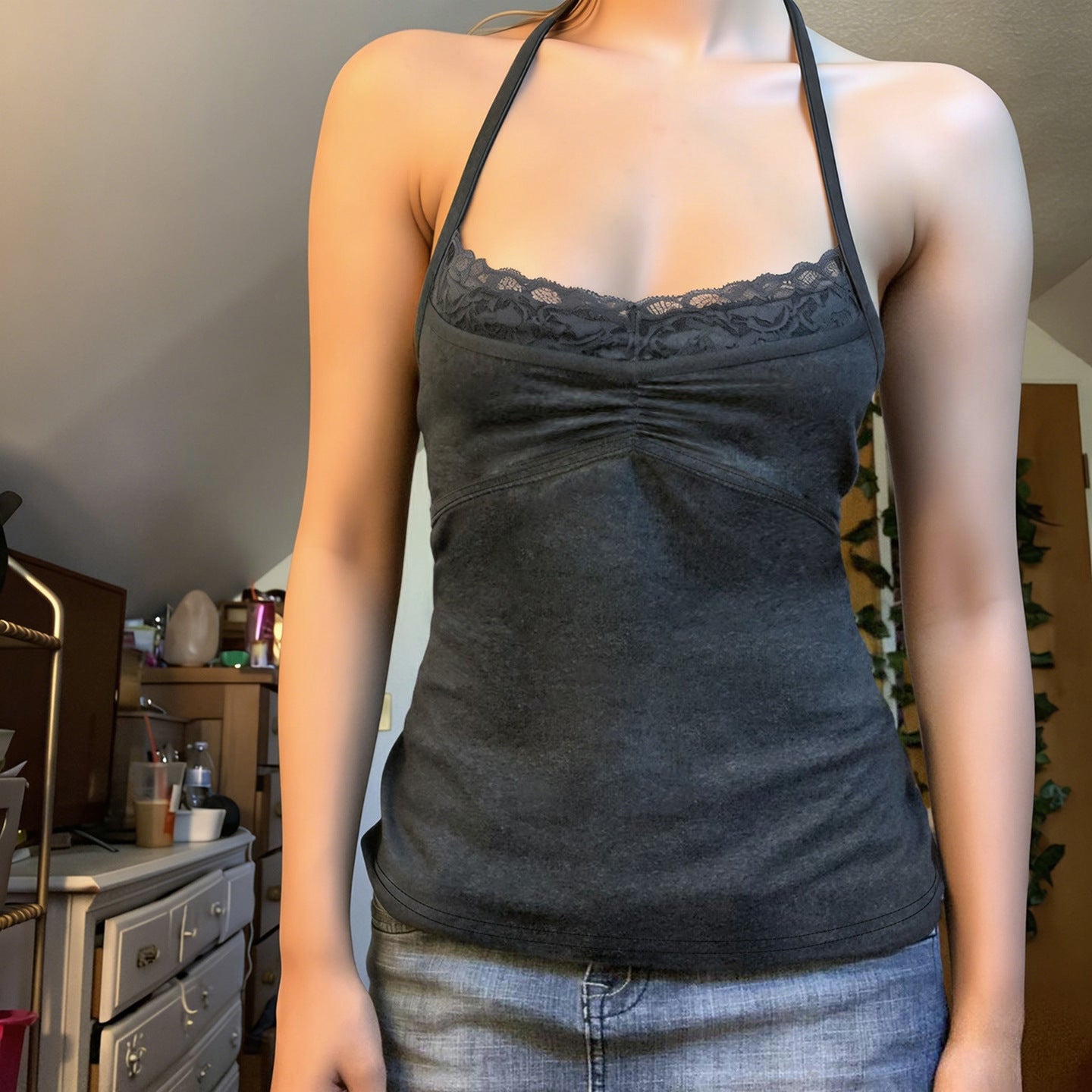 Damen Sexy Spaghetti-Trägertop mit Spitzeneinsätzen R&B