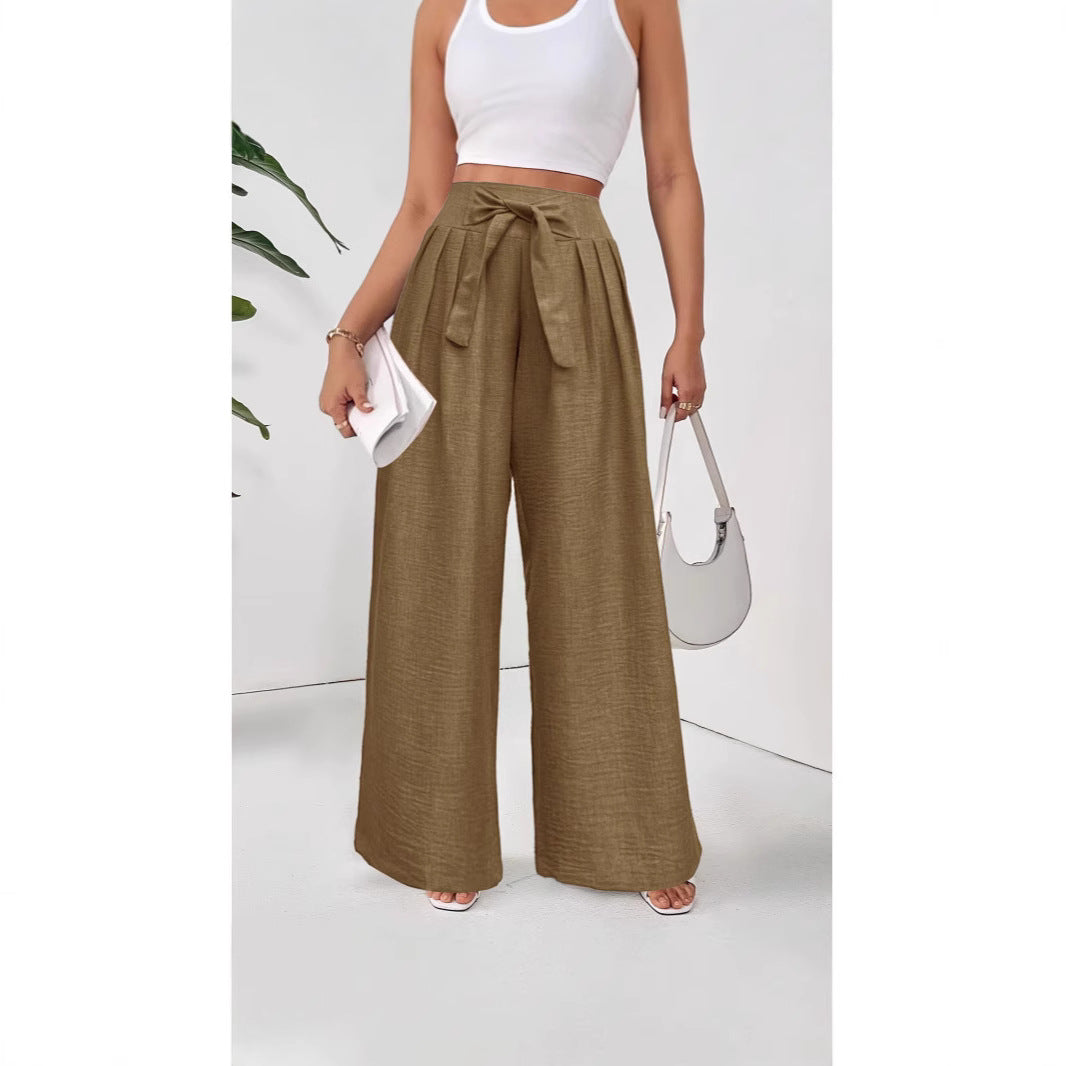 Damen Weite Hochtaillierte Hose mit Schleifenbund und Falten R&B
