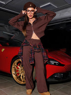 Damen nan gestricktes Loungewear-Zweiteiler mit kurzem Reißverschluss-Cardigan und weitem Highwaist-Hosenbein R&B
