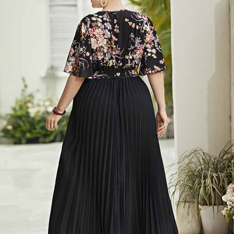 Damen Maxi-Kleid mit floralem Oberteil und plissiertem Rock R&B