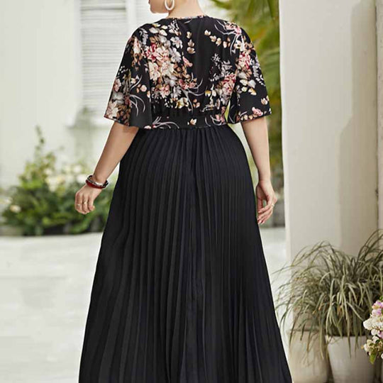 Damen Maxi-Kleid mit floralem Oberteil und plissiertem Rock R&B