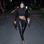 Damen Crop-Top und Hoch geschnittene Leggings mit Schnürdetails R&B
