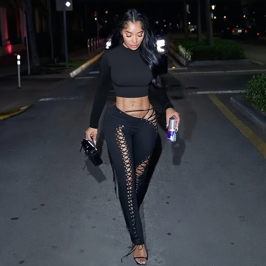 Damen Crop-Top und Hoch geschnittene Leggings mit Schnürdetails R&B