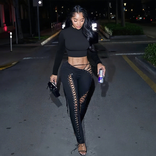 Damen Crop-Top und Hoch geschnittene Leggings mit Schnürdetails R&B