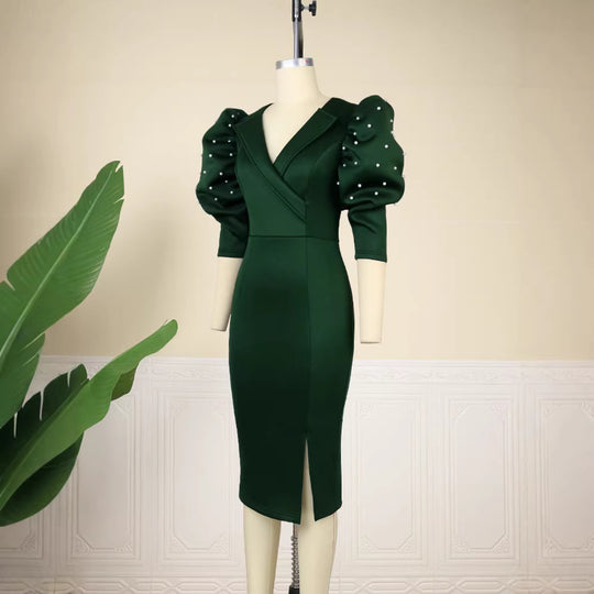 Damen figurbetontes Midi-Kleid mit voluminösen Puffärmeln und eleganten Perlenakzenten R&B