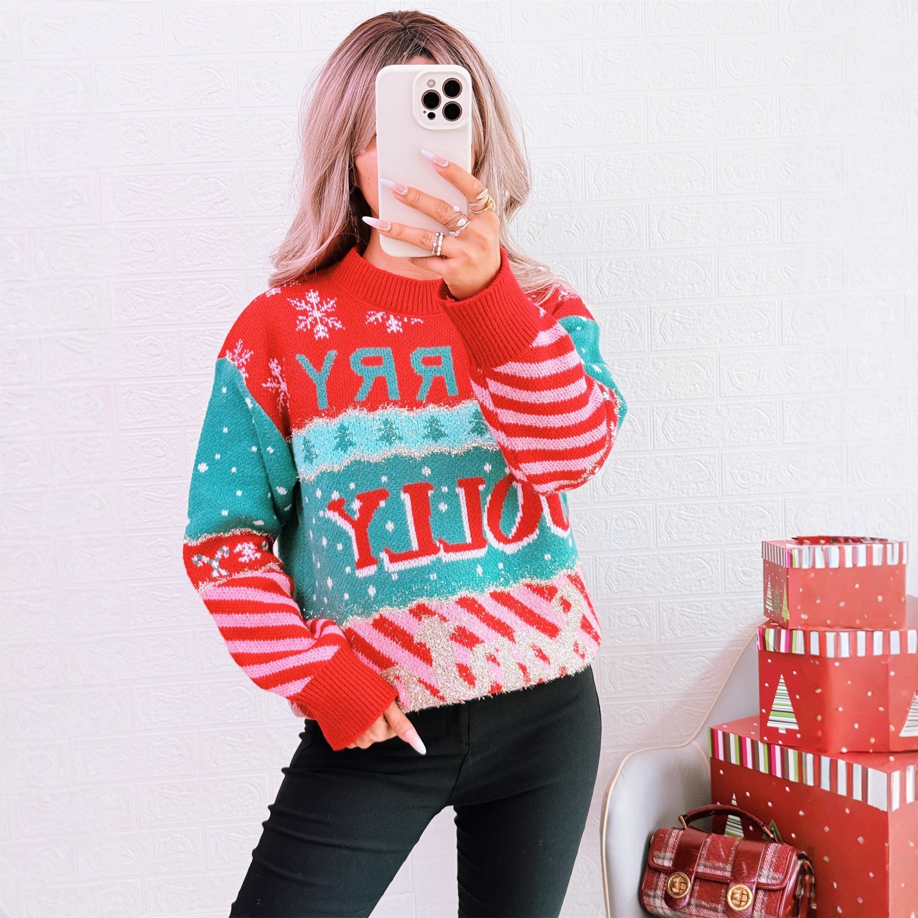 Damen festlicher Strickpullover mit kreativem Weihnachtsdesign R&B
