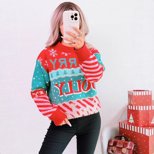 Damen festlicher Strickpullover mit kreativem Weihnachtsdesign R&B