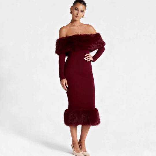 Damen Figurbetontes Kleid mit abnehmbaren Kunstfell-Akzenten R&B