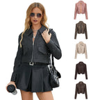 Damen modische cropped Kunstlederjacke mit klassischem Wellenkragen