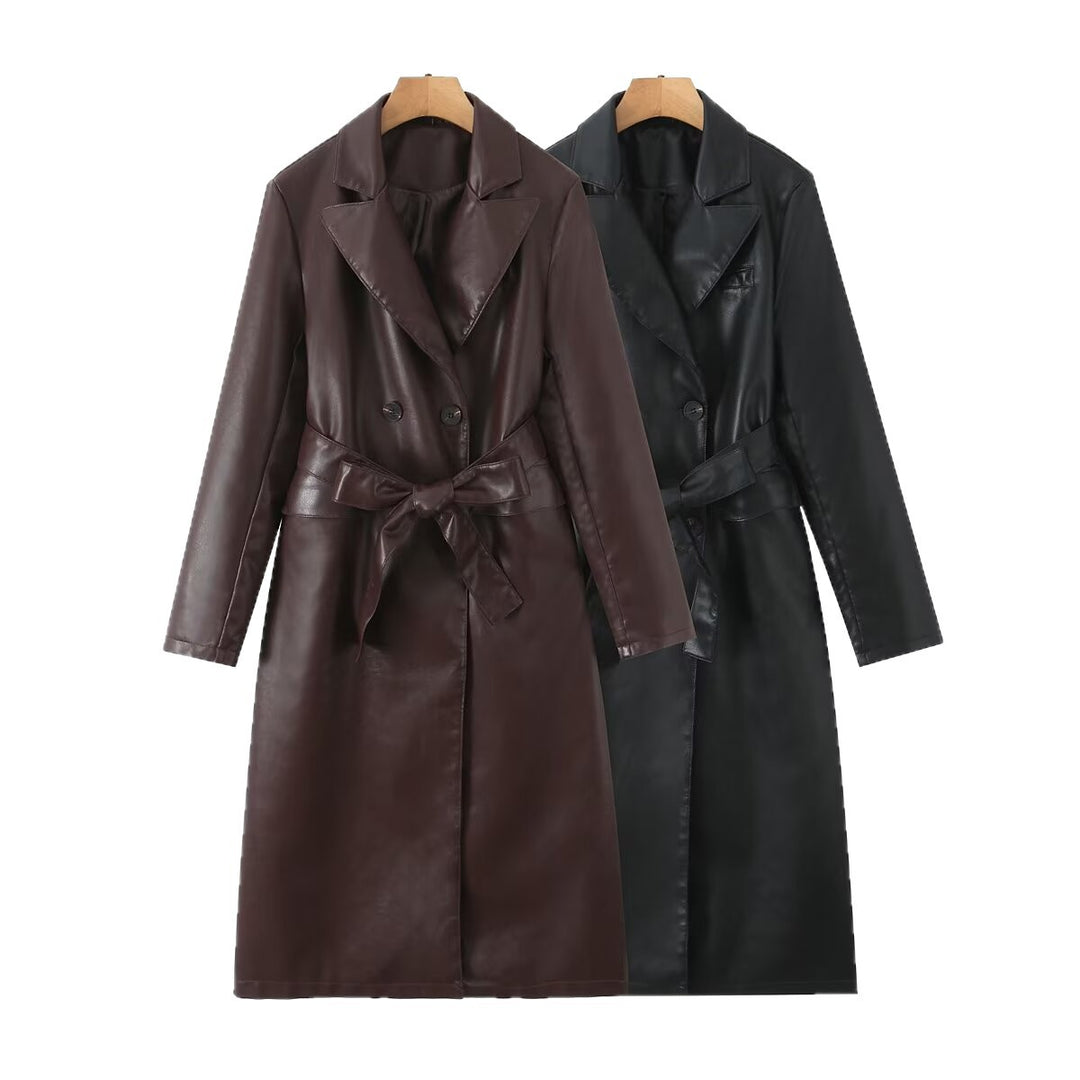Damen Kunstleder Trenchcoat mit taillierbarem Gürtel und doppelter Knopfleiste R&B