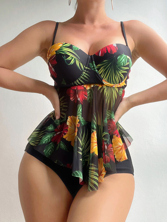 Damen Badeanzug mit Volants und floralem Print R&B