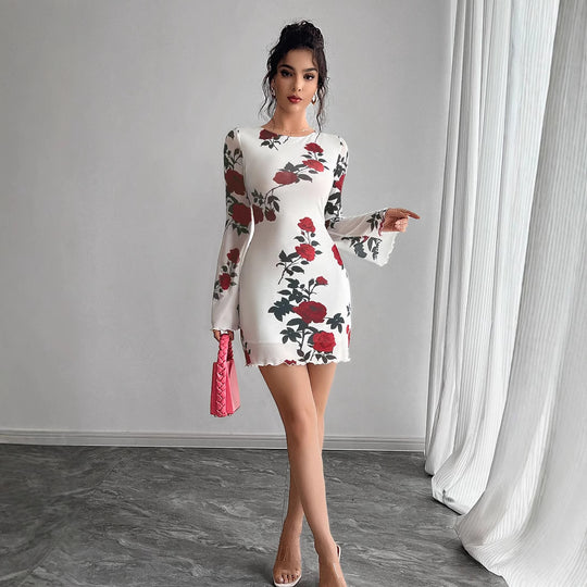 Damen Floral Minikleid mit langen Ärmeln R&B