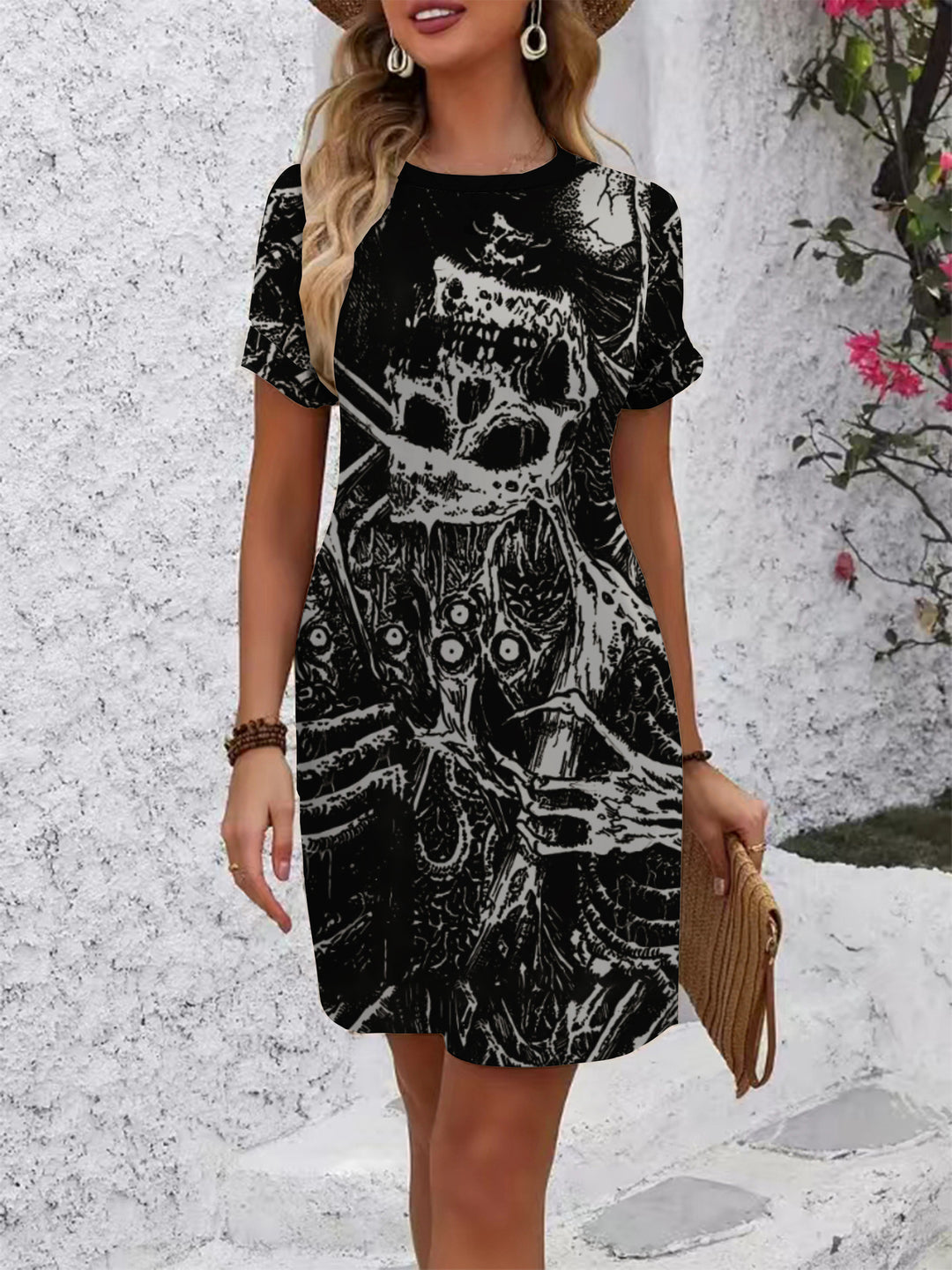Damen lässiges Kurzarmkleid mit kreativem geometrischen Muster R&B