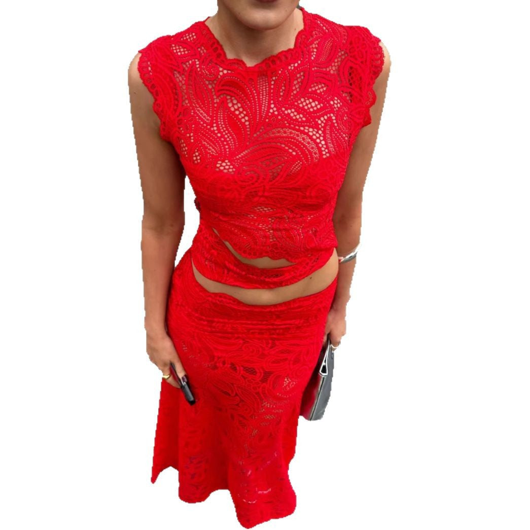 Damen nan elegantes Spitzen-Set mit bauchfreiem kurzem Top mit Wellensaum und taillenhohem figurbetontem Maxirock R&B