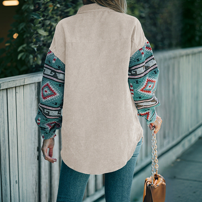 Damen Cord-Oberhemd mit farbenfrohen, bedruckten Ärmeln und Brusttasche R&B