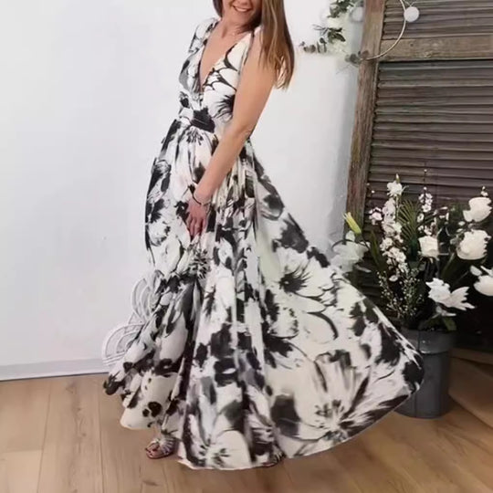 Damen nan voluminöses A-Linien Maxikleid mit tiefem V-Ausschnitt, taillierter Bindeschärpe und großfloralem Pinselprint R&B