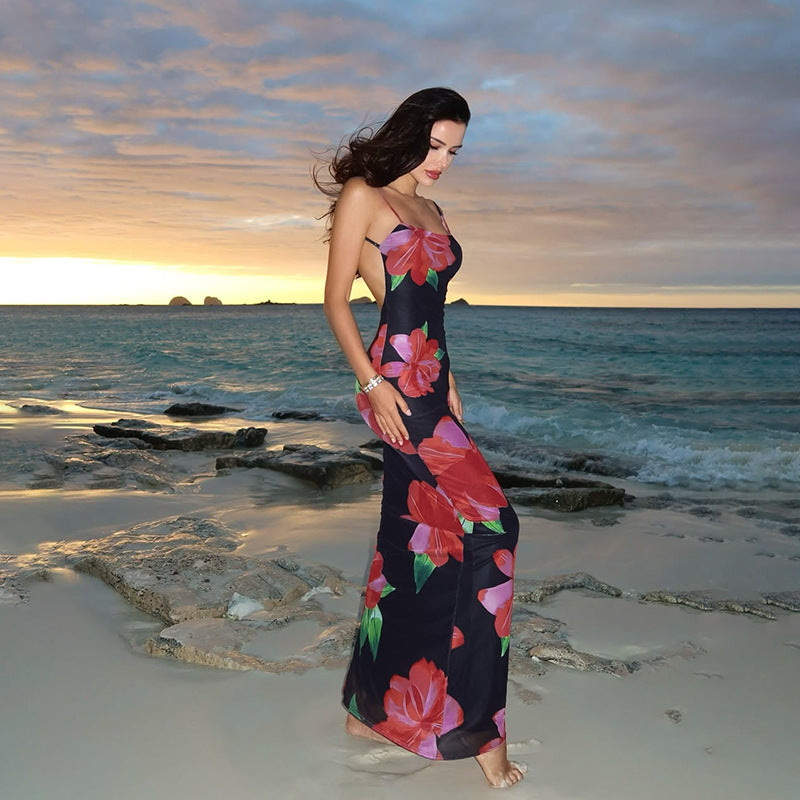Damen figurbetontes Maxikleid mit floralen Akzenten und schmalen Spaghetti-Trägern R&B
