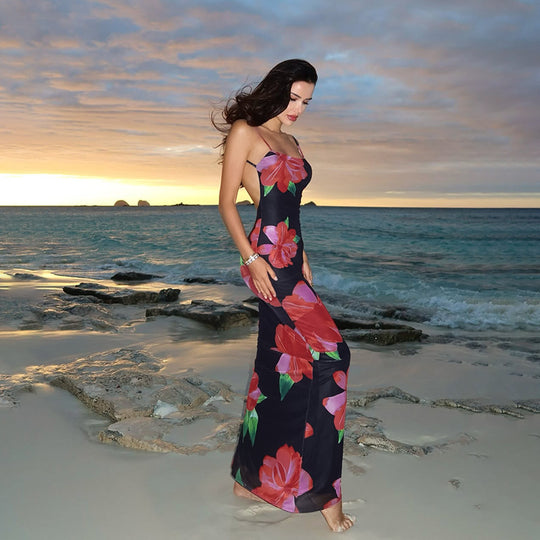 Damen figurbetontes Maxikleid mit floralen Akzenten und schmalen Spaghetti-Trägern R&B