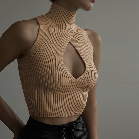Damen Crop-Top mit hohem Kragen und tiefem Ausschnitt R&B
