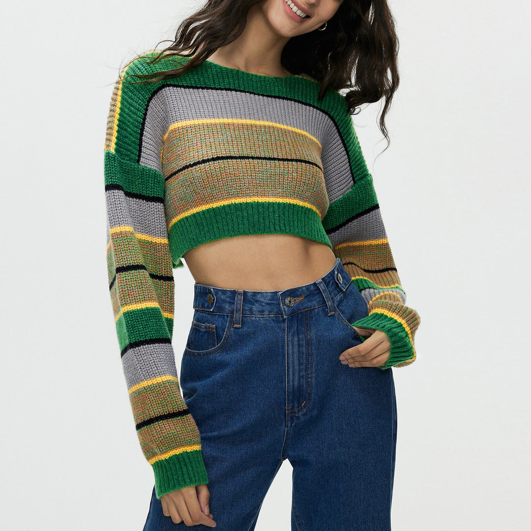 Damen Crop-Pullover mit lässigen Streifen und weichem Material R&B
