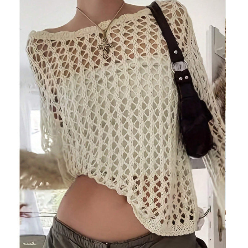 Damen luftiges Häkeloberteil mit weitem Schnitt und transparentem Design R&B