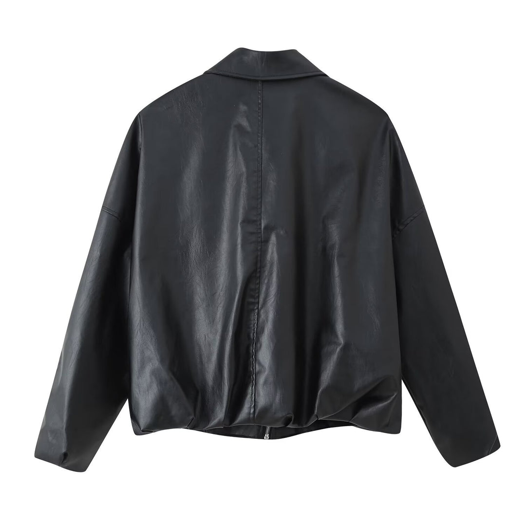 Damen modische Kunstlederjacke mit Taillengürtel R&B