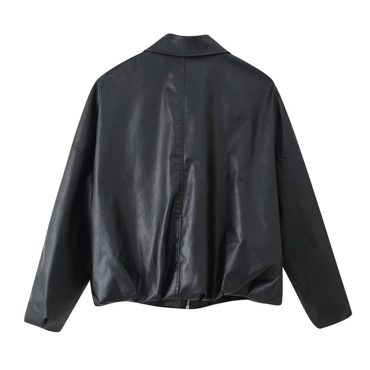 Damen modische Kunstlederjacke mit Taillengürtel R&B