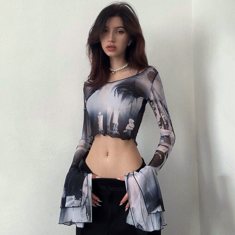 Damen Langarm Crop-Top mit kreative Grafik-Printdetails und ausgestellten Ärmeln R&B