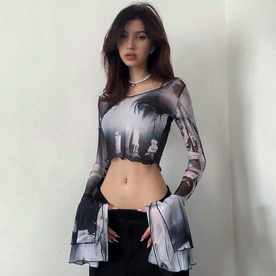 Damen Langarm Crop-Top mit kreative Grafik-Printdetails und ausgestellten Ärmeln R&B