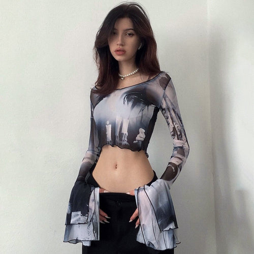 Damen Langarm Crop-Top mit kreative Grafik-Printdetails und ausgestellten Ärmeln R&B